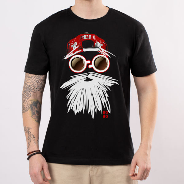Мужская черная футболка с принтом " Дед Мороз и кофе"